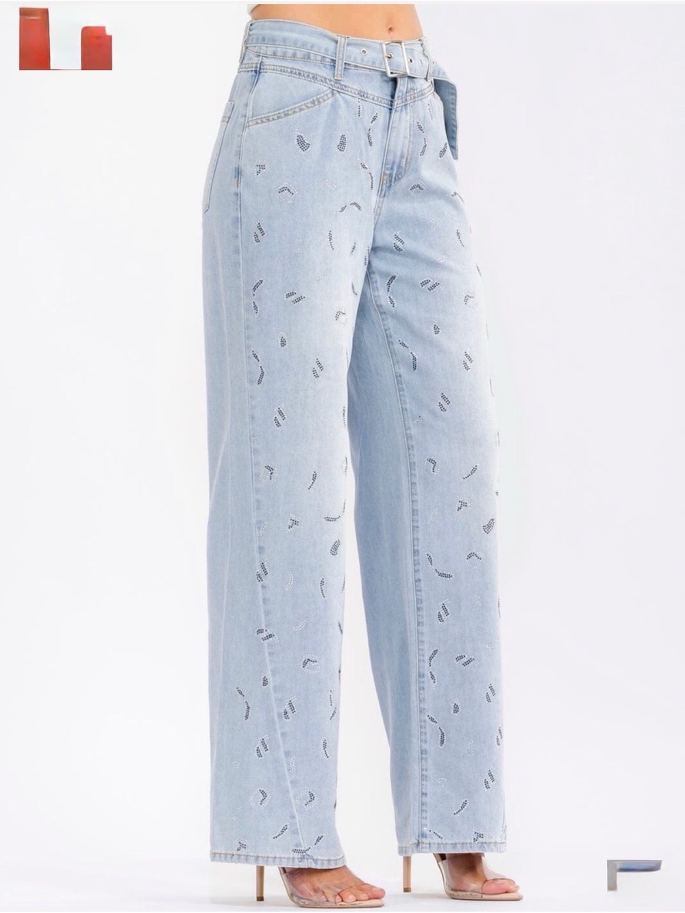 Light Wash Wide-Leg Jeans with subtle crystal embellishments Party | Playful |
